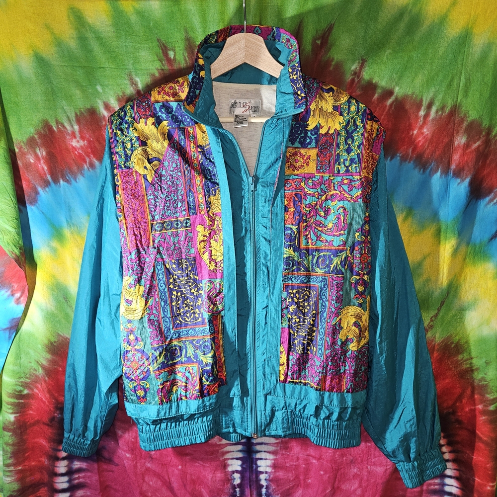 Vintage Action Sport Turquoise Multicolor Patchwork Windbreaker Jacket